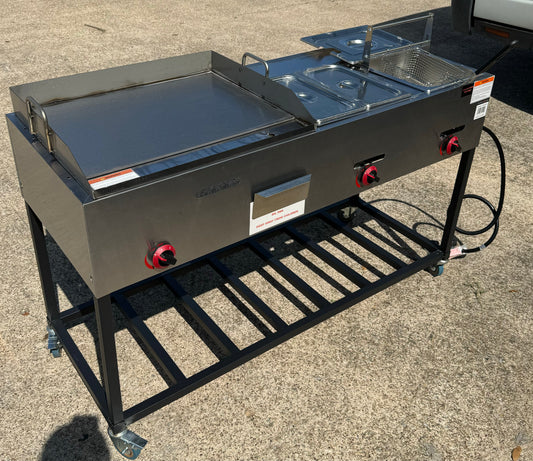 24" x 20" Griddle Taco Cart with 3 Gallon Deep Fryer and Steam Table - Propane - Stainless Steel