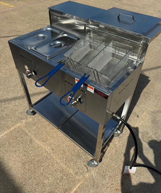 3.5 Gallon Deep Fryer Cart w/ Shelf and 2 Food Warming Steamers